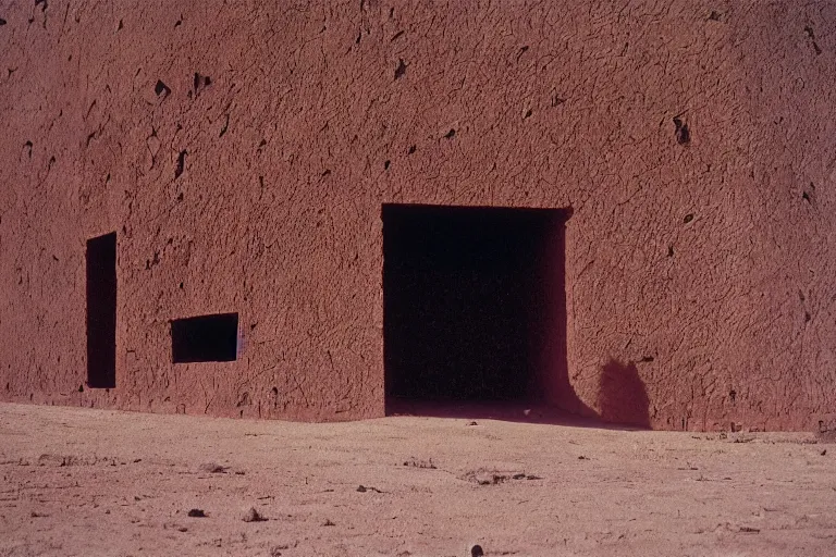 Image similar to film still of esoteric gigantic prehuman building in the desert, by Étienne-Louis Boullée, ektachrome full-HD