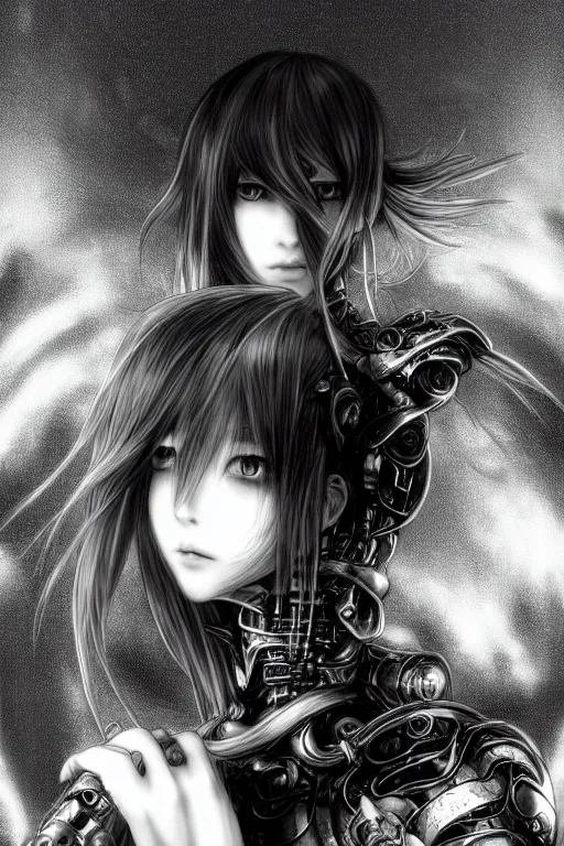 Image similar to a vertical portrait of a character in a scenic environment by Yoshitaka Amano, black and white, dreamy, cybernetic armor, wavy long black hair, highly detailed