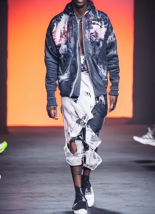 Image similar to hyperrealistic and heavy detailed nike runway show of travis scott, leica sl 2 5 0 mm, vivid color, high quality, high textured, real life