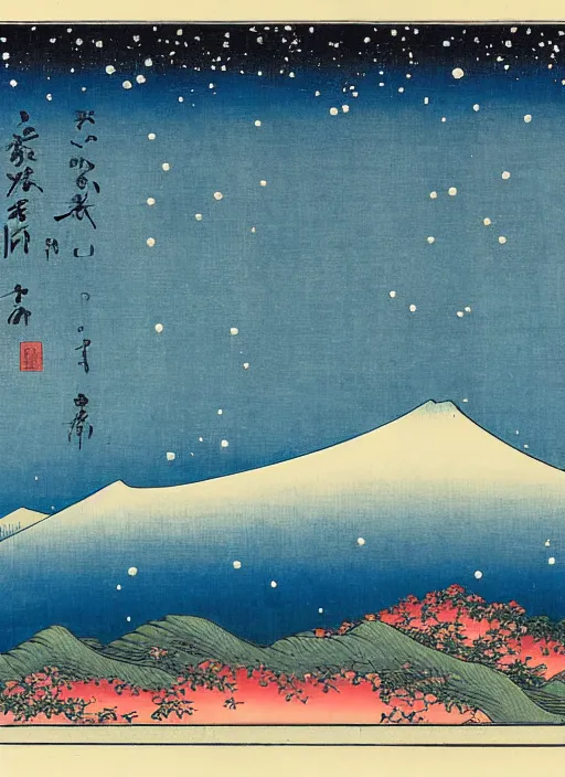 Image similar to blue roses on a mountain melting into the sky with stars of utagawa hiroshige