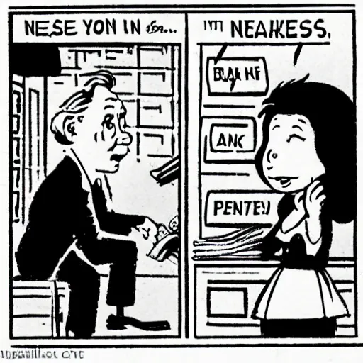 Image similar to nancy talks to the bank manager, illustrated by ernie bushmiller