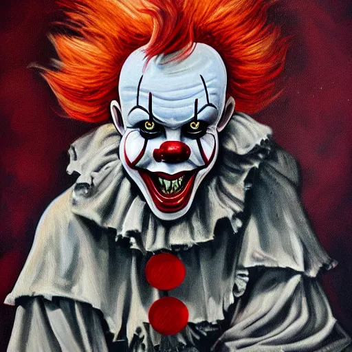 Image similar to Painting of dirty homeless Pennywise in scrappy clothing, by James Earley