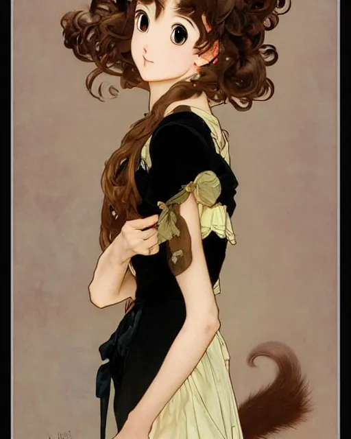 Image similar to A cute painting of a very very beautiful anime skinny squirrel-girl with curly brown colored hair and squirrel ears on top of her head wearing a cute black dress with small ribbon and black shoes looking at the viewer, elegant, delicate, soft lines, higly detailed, smooth , pixiv art, ArtStation, artgem, art by alphonse mucha Gil Elvgren and Greg rutkowski, high quality, digital illustration, concept art, very long shot