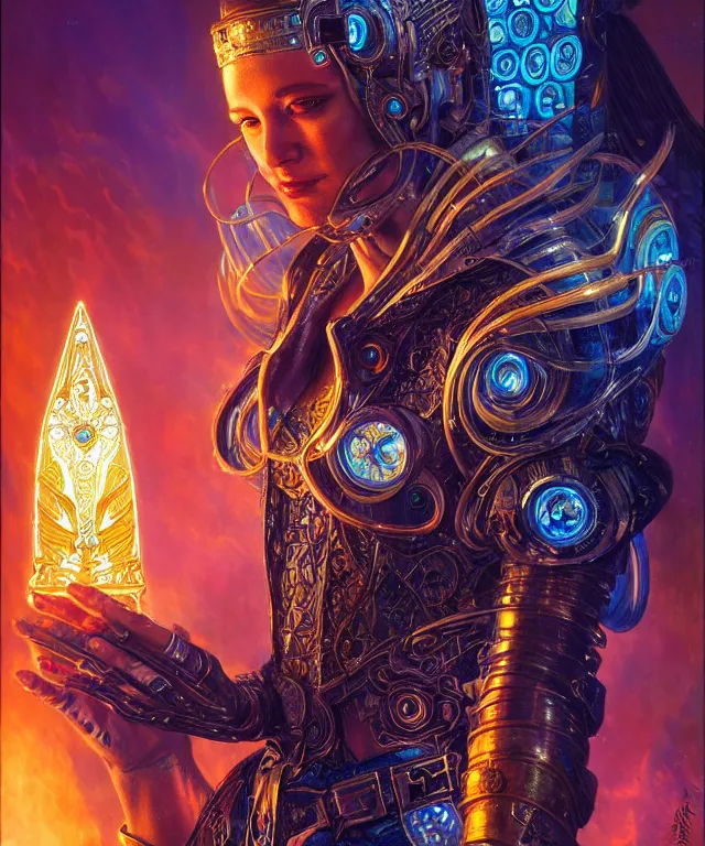 Image similar to a beautiful tarot card artwork of a cyberpunk crystal paladin, backlit, dazzling, highly detailed, digital painting, by karol bak and justin gerard and dan mumford and artgerm, vivid colors, masterpiece, detailed shading, 8 k resolution, intricate, smooth