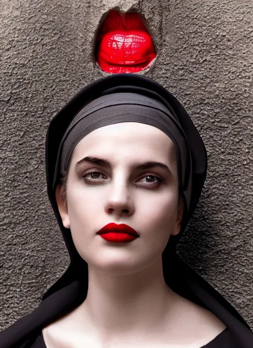 Image similar to closeup portrait of a young gothic nun with bright red lipstick, depth of field, zeiss lens, detailed, symmetrical, centered, fashion photoshoot, by Annie Leibovitz and Steve McCurry, David Lazar, Jimmy Nelsson, Breathtaking, 8k resolution, extremely detailed, beautiful, establishing shot, artistic, hyperrealistic, beautiful face, octane render