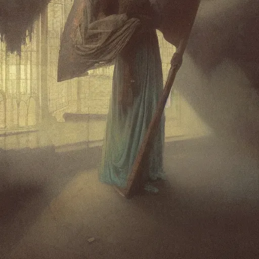 Image similar to half portait of magican wearing a closed cowl with big old book!, jeremy mann, jean leon gerome, alphonse mucha, greg rutkowski, ( ( ruins of ancient rome ) ), at dusk, mysterious atmosphere, sunrays, dof, masterpiece, high detailed, 8 k