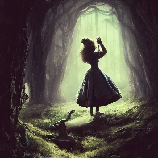 Image similar to alice in wonderland, high detail, dramatic light, digital art, chiaroscuro, painted by seb mckinnon and greg rutkowski, trending on artstation