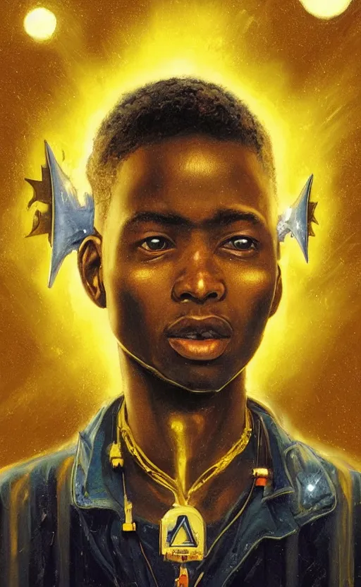 Image similar to upper half portrait of an african in yellow cape - inside the clouds - surrounded by bolts of lightning - rays of light emanating from clouds - in drew struzan movie poster style, art by drew struzan & hsiao - ron cheng, highly detailed, digital painting, ray tracing, illustration, smooth, sharp focus, intricate, symmetry, artstation,