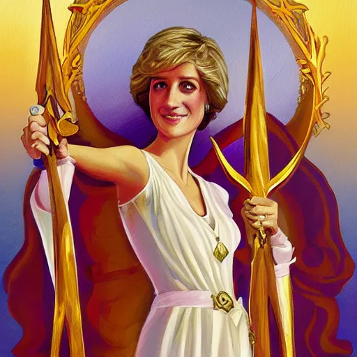 Prompt: a beautiful painting of Princess Diana holding a greatsword above her head, fantasy, art nouveau, golden hour, artstation