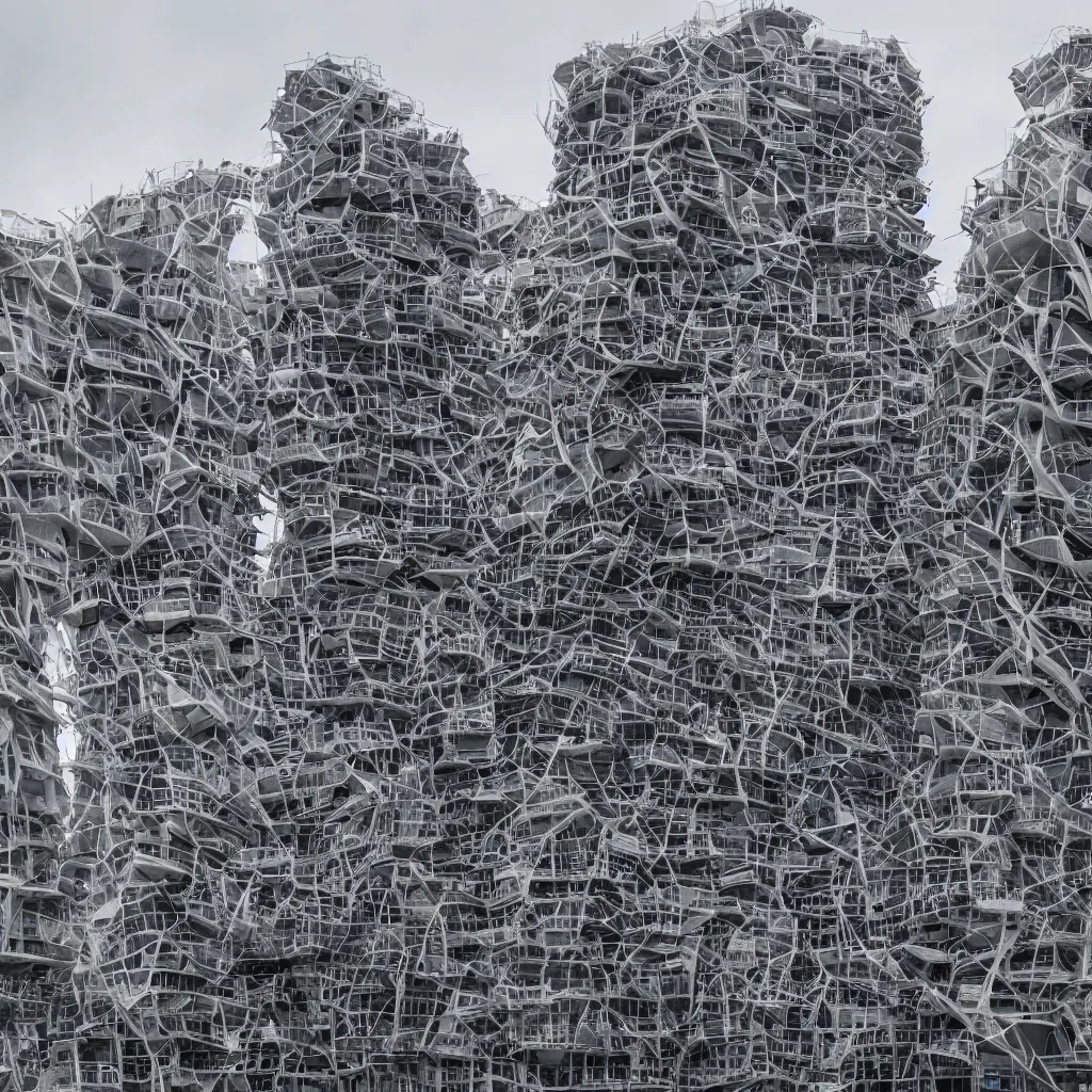 Image similar to a tower made up of makeshift squatter shacks, dystopia, sony a 7 r 3, f 1 1, fully frontal view, photographed by zaha hadid, ultra detailed,