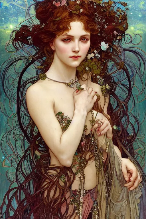 Prompt: realistic detailed portrait of the beautiful young Queen of Precious Stones with rough crystal point clusters growing out of her hair by Alphonse Mucha, Ayami Kojima, Amano, Charlie Bowater, Karol Bak, Greg Hildebrandt, Jean Delville, and Mark Brooks, Art Nouveau, Neo-Gothic, gothic, rich deep moody colors