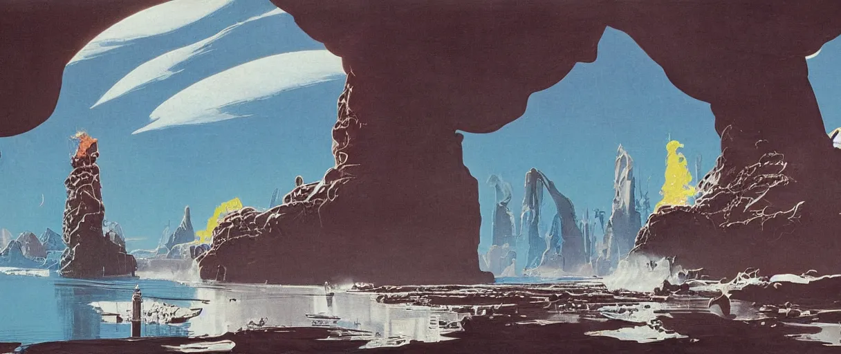 Prompt: the dripping paint monster washing their laundry in the bay by chesley bonestell , cinematic atmosphere, establishing shot