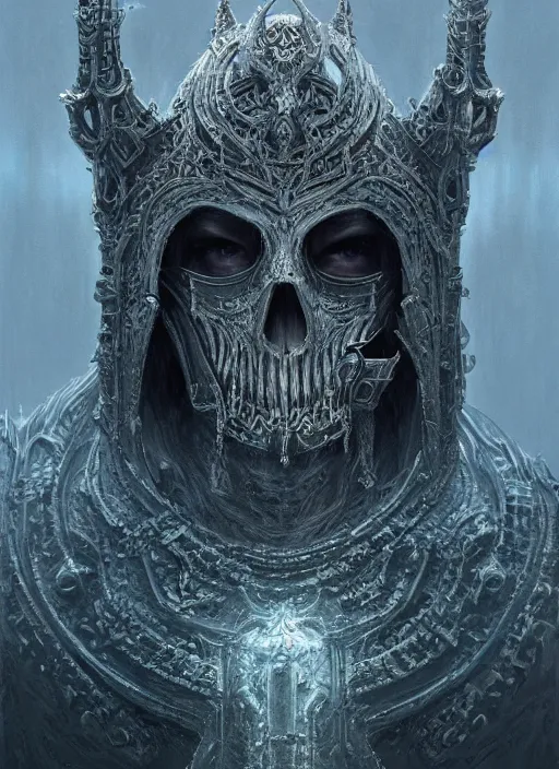 Prompt: a highly detailed character portrait of the Lich King, ornate gothic armor, intricate, digital painting, artstation, intricate, concept art, smooth, sharp focus, illustration, art by Zdzislaw Beksinski