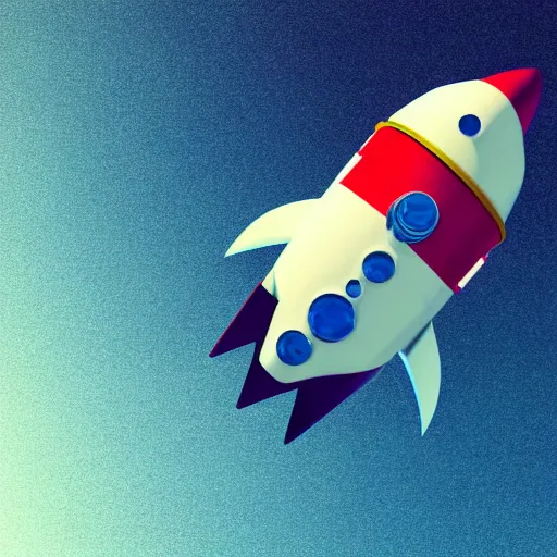 Image similar to a cute space rocket made of shiny plastic and aluminium - professional photo studio - unreal 5 - artstation trending - vintage design - dark bleu background - vignette