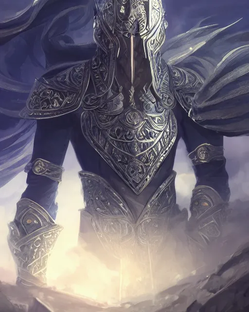 Image similar to concept art, full body portrait of king sorcerers, ornate, blue and silver, armor, robes, hyperrealistic, 4 k, dramatic scene, cinematic lighting, atmospheric perspective, unreal engine, highly detailed, dramatic lighting, beautiful, atmospheric lighting, visible face, by makoto shinkai, stanley artgerm lau, wlop, rossdraws