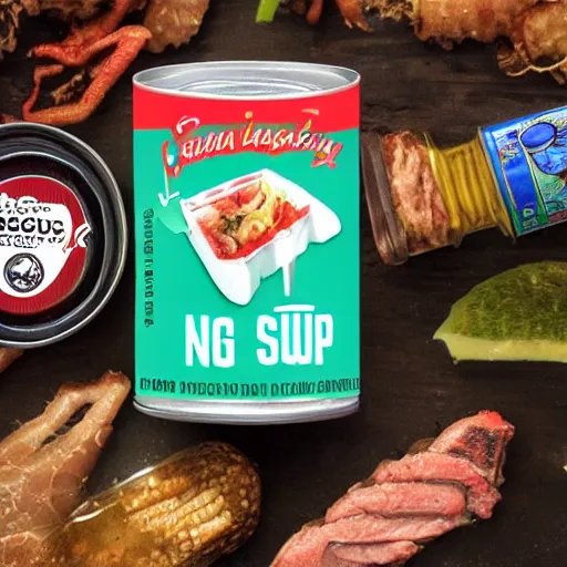 Prompt: Product photo for can of bug soup, extremely tasty, now with more meat