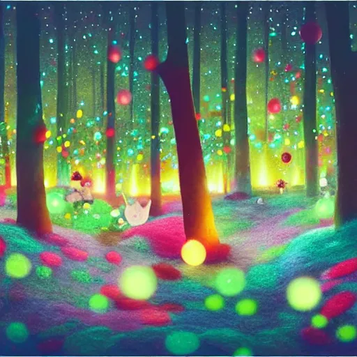 Prompt: a matte digital painting of a candy forest at night, bokeh, bright colours, watercolor, volumetric wool felting, macro photography, children illustration, by goro fujita