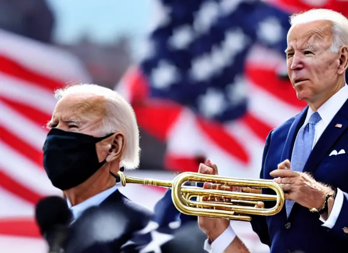 Image similar to joe biden playing the trumpet on stage at memorial day