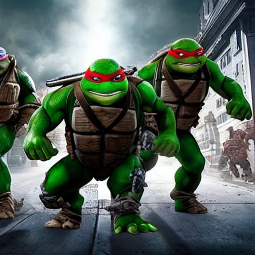 Prompt: a still of from the movie teenage mutant ninja turtles 2 : the secret of the ooze crossover with the game gears of war