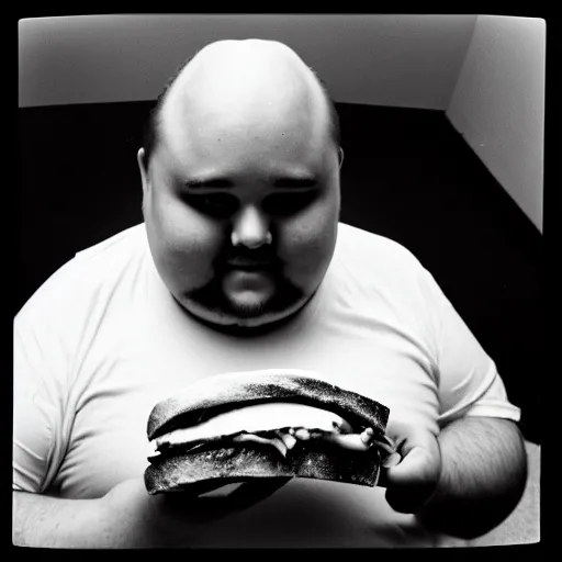 Image similar to a black and white film photograph of a fat man eating a sandwich. holga, lomo, lomography, retro, toy camera, film, tri - x, plus - x, vintage