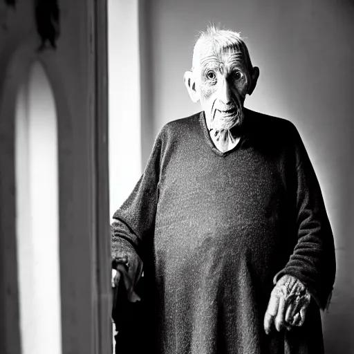 Image similar to count of durres, a 1 0 0 year very old man, dignified but aged face, night gown, hunched over, rare hair, black and white photography inside an old mansion