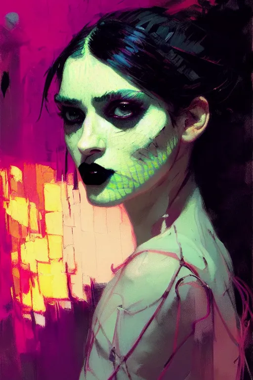 Image similar to portrait of a beautiful goth girl, complementary colors, beautiful face, rule of thirds, intricate outfit, spotlight, by greg rutkowski, by jeremy mann, by francoise nielly, by van gogh, digital painting