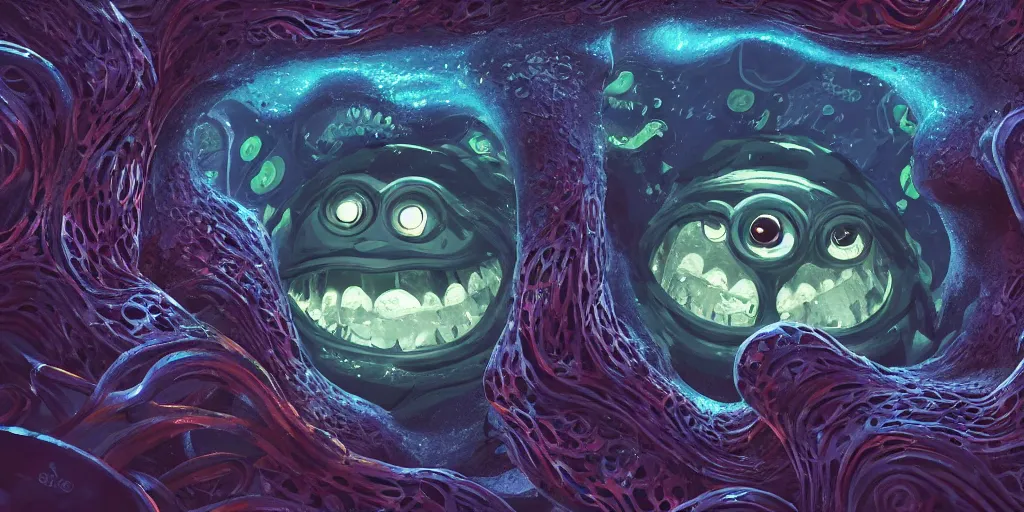 Image similar to of an intricate deep sea with strange cute friendly happy creatures with huge eyes, long tongue, round teeth and goofy funny face, appearing from the background, in the style of gehry and gaudi, macro lens, shallow depth of field, ultra detailed, digital painting, trending artstation, concept art, illustration, cinematic lighting, photorealism, epic, octane render