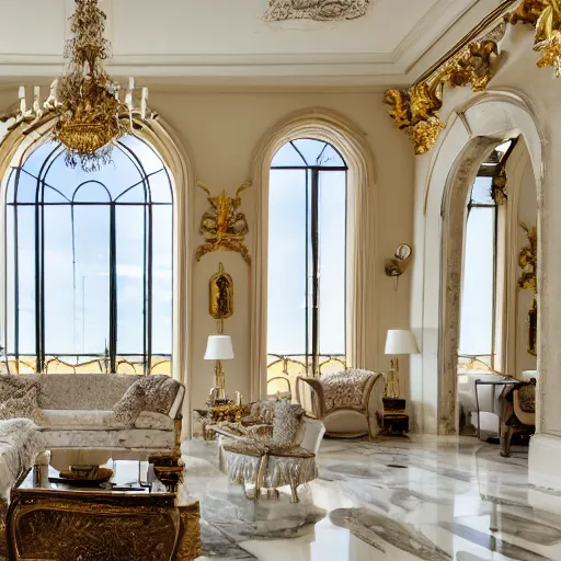 Image similar to the interior of a house with very high ceilings with white marble walls and floors with gold details with huge windows where you could see the sunset