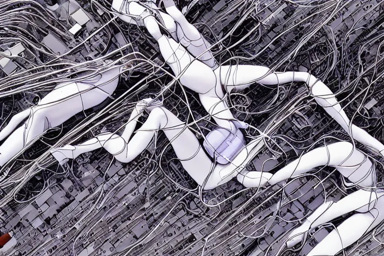 Prompt: a wonderful illustration of a white floor with a group of female androids' body parts with cables and wires coming out lying scattered over it, by masamune shirow, hajime sorayama and katsuhiro otomo, view from above, minimalist, hyperdetailed, super rich