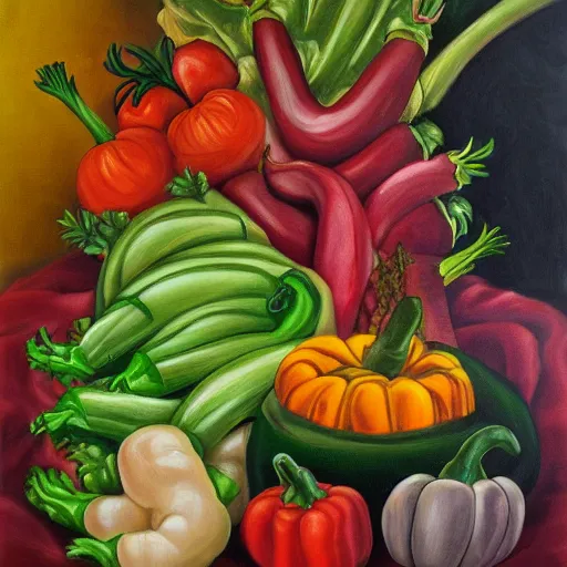 Prompt: a cornucopia of evil vegetables, oil on canvas