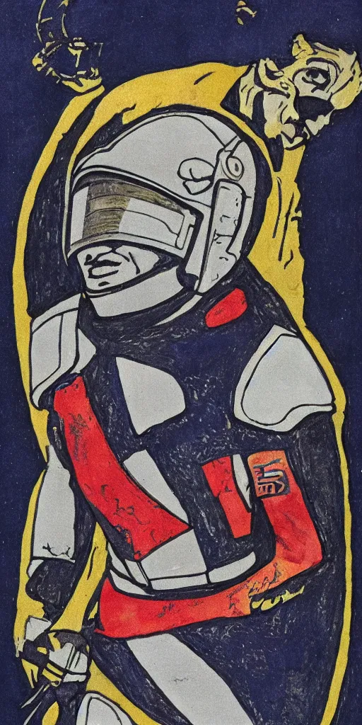 Image similar to A portrait of Lando Norris in a a suit of armor with racing patches on it by William Blake