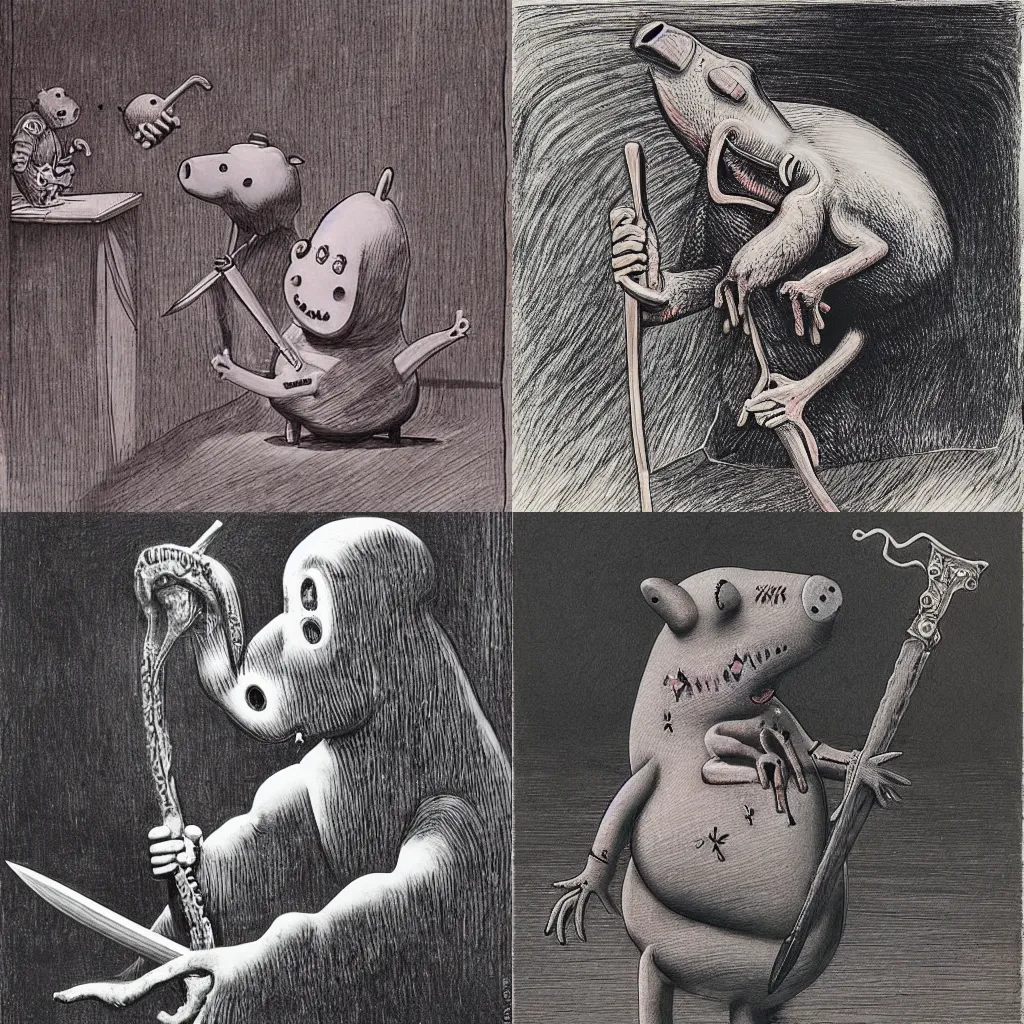 Prompt: peppa pig wielding a ritual blade studying entrails, by Zdzisław Beksiński, heavy ink