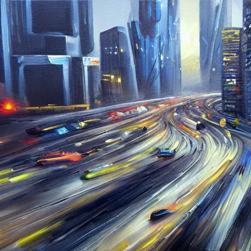 Image similar to oil painting, a traffic jam with some very angry drivers on a futuristic city