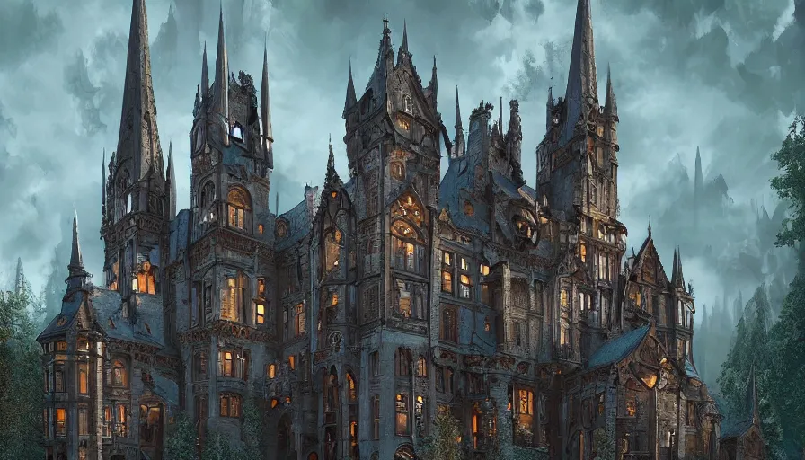 Image similar to wonderful Neo-Gothic castle where a social party takes place, hyperdetailed, artstation, cgsociety, 8k