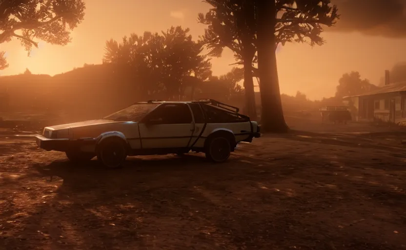 Prompt: red dead redemption 2 screencap, delorean from back to the future hidden in mine, 6 0 fps, ultra graphics, 4 k image, dusty, light beams