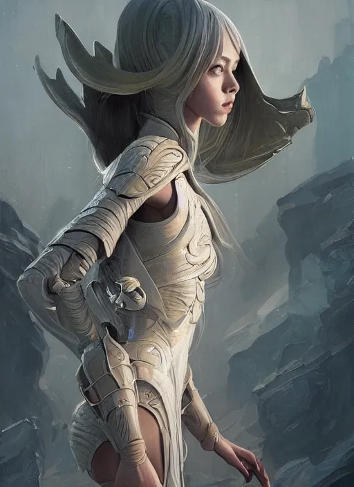 Image similar to a professional painting of a beautiful young female alien, clothed in ethereal armor, olive skin, long dark hair, beautiful bone structure, symmetrical facial features, intricate, elegant, digital painting, concept art, smooth, sharp focus, illustration, from Valerian and the City of a Thousand Planets, by Ruan Jia and Mandy Jurgens and Artgerm and William-Adolphe Bouguerea