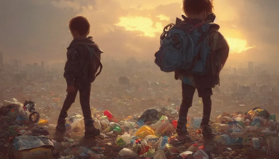 Image similar to poor detailed child with backpack looking for food at garbage dump, city is pure wasteland, moody sunset in background, greg rutkowski, alphonse mucha, trending on artstation, artgerm, unreal engine, breathtaking, award winning, highly detailed