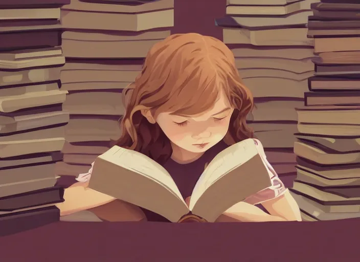 Image similar to a little girl with short wavy curly light brown hair is asleep in pile of books. clean cel shaded vector art. shutterstock. behance hd by lois van baarle, artgerm, helen huang, by makoto shinkai and ilya kuvshinov, rossdraws, illustration, art by ilya kuvshinov