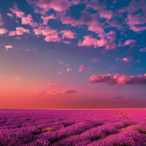 Prompt: rose and lavender colored sky with light pink clouds on a salt flat reflecting the pink sky dreamland