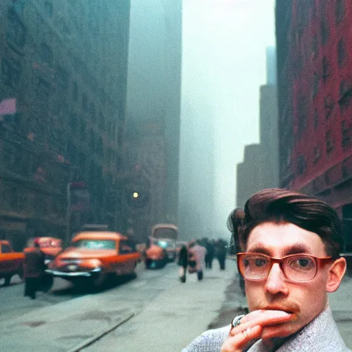 Prompt: analog street photography portrait in foggy new york, 1 9 6 0 s, photographed on ektachrome film, featured on unsplash, photographed on expired film