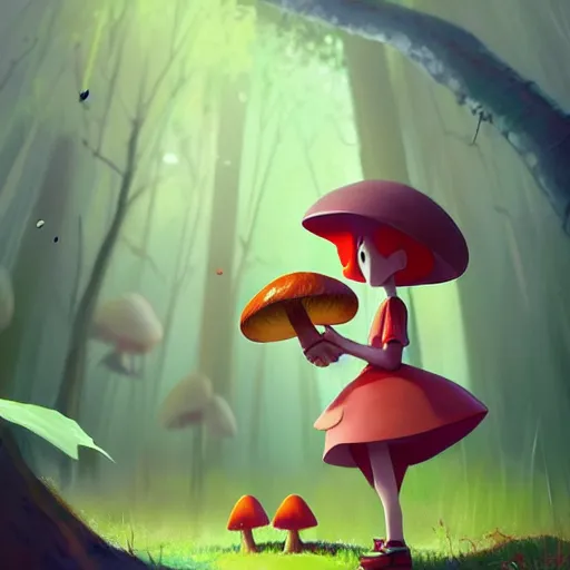 Prompt: goro fujita ilustration a cheerful girl collecting mushrooms in the forest, characterized by masamune shirow and bagshaw tom, character art, sharp focus, highly detailed, artstation