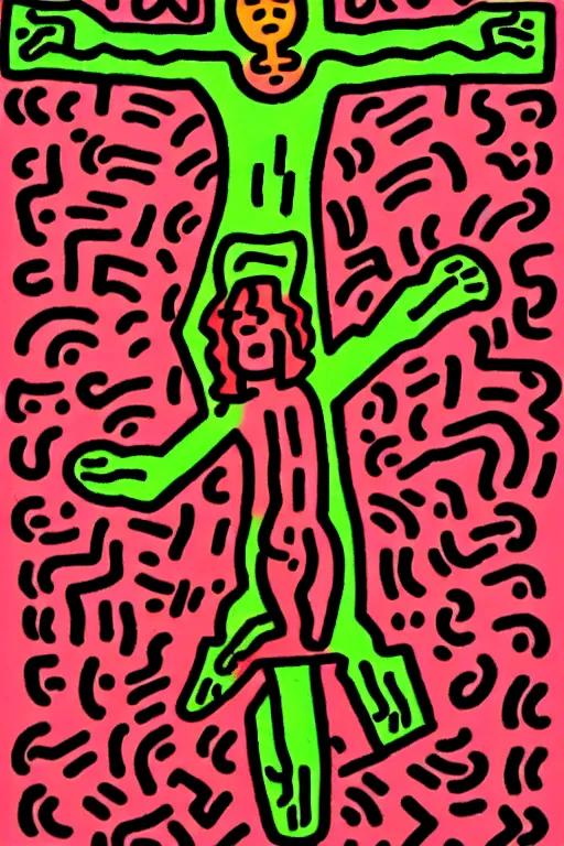 Image similar to jesus christ crucified painted by keith haring