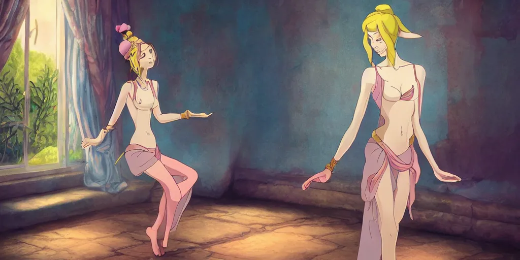 Image similar to beautiful genie girl, dancing in the palace room, beautiful slender body, accurate body proportions, mysterious ambient lighting, digital art, hyper realistic, style of studio ghibli