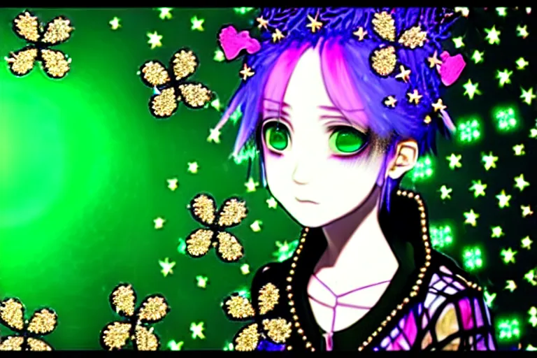 Image similar to baroque bedazzled gothic royalty frames surrounding a hologram of decora styled green haired yotsuba koiwai wearing a gothic spiked jacket, background full of lucky clovers, crosses, and shinning stars, holography, irridescent