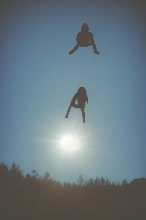 Image similar to agfa vista 4 0 0 photograph of a spaceship abducting a person, floating mid air, lens flare, back view, moody lighting, moody vibe, telephoto, 9 0 s vibe, grain, vintage, tranquil, calm, faded