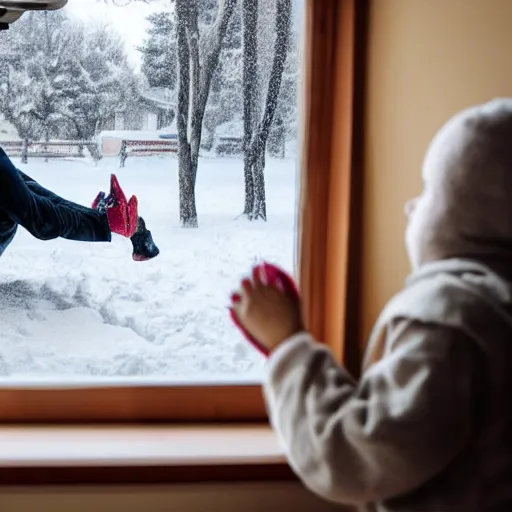 Prompt: people eating in warm house looking through window at others playing outside in snow