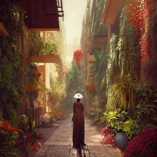 Image similar to a painting of a person walking down a bronze art-deco alley lined with plants, a detailed matte painting by Anka Zhuravleva, cgsociety, light and space, rendered in unreal engine, artstation hq, artstation hd