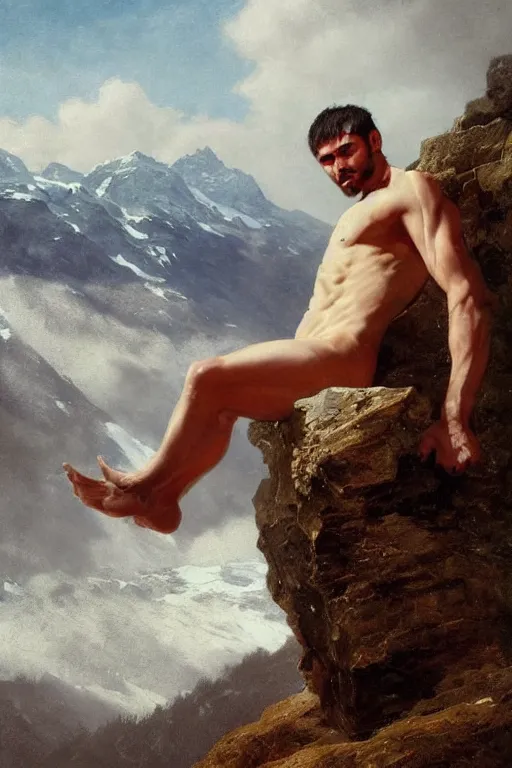 Prompt: a homoerotic portrait by greg rutkowski and albert bierstadt and bill ward of a shirtless desi hiker on a mountain peak | he is wearing a revealing tartan kilt | background is snowy mountains and clouds | detailed face, ethereal, dreamlike | trending on artstation