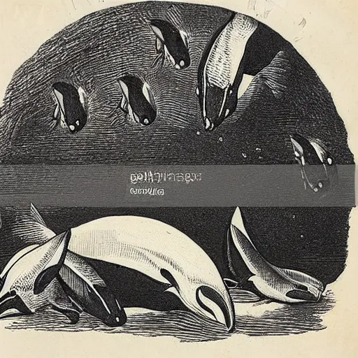 Prompt: orcas reading from a magical book, engraving from 1700s