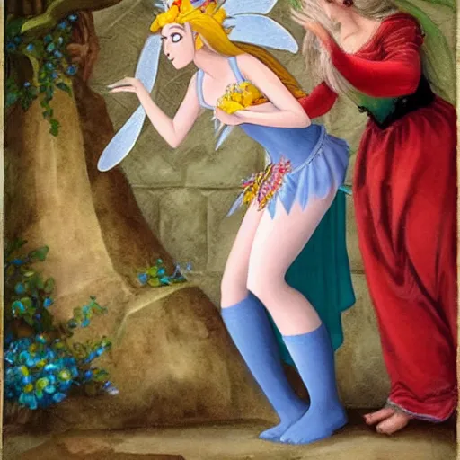 Image similar to a beautiful fairy princess is angry at a jester